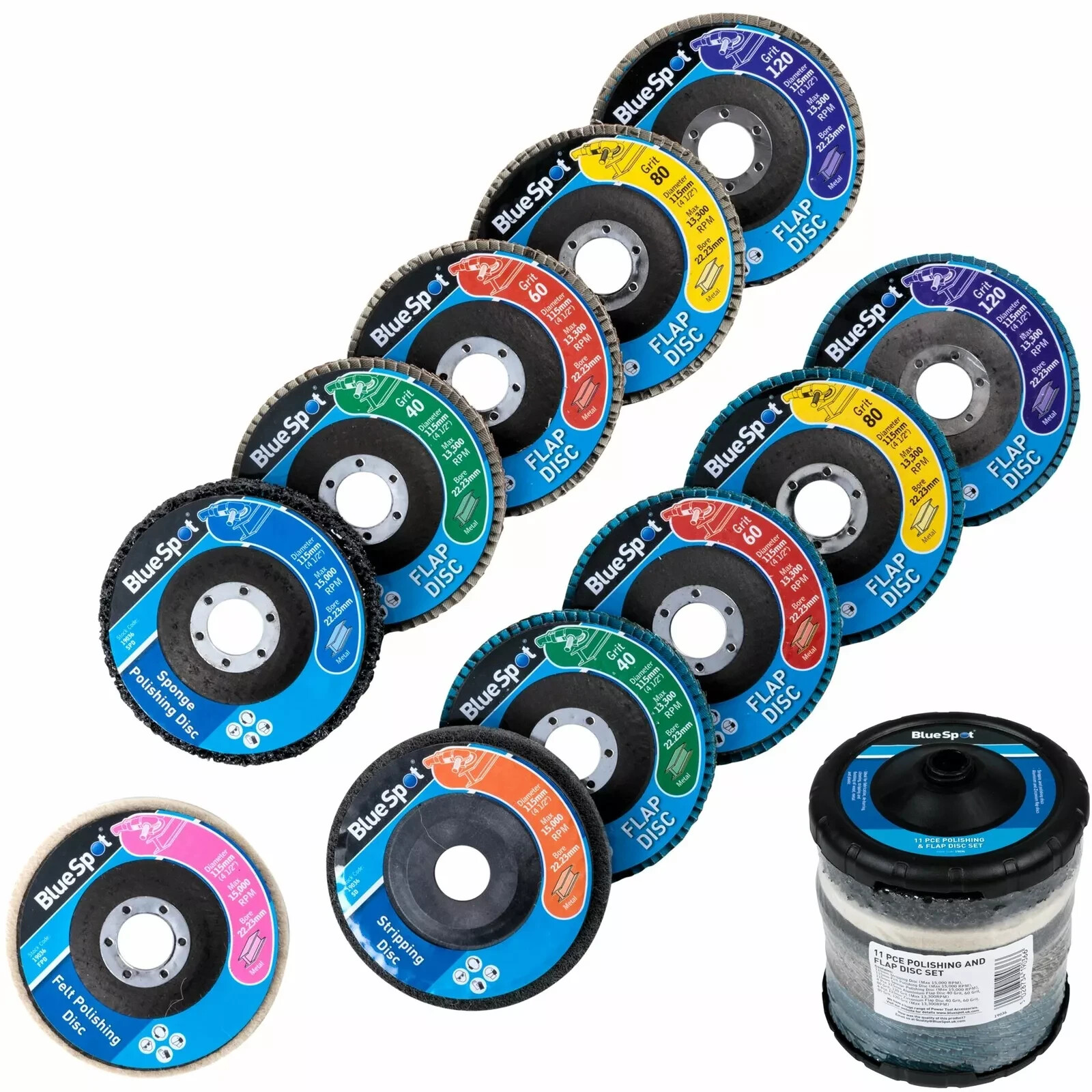 11 Pc Polishing & Sanding Set Flap Discs Angle Grinder 115mm 4.5'' Disc BlueSpot