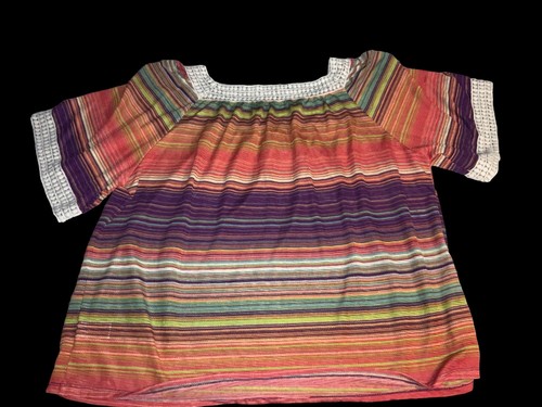 Hannah Colorful Womens Top Short Sleeve Stripe Fringe Trim Boho Size XL - Picture 8 of 11