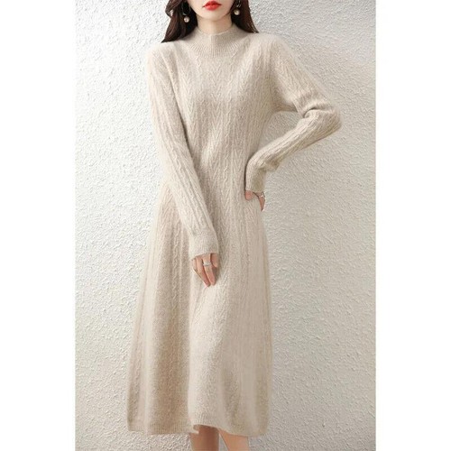 Vestidos Suéter de Cachemira Vestido Largo Para Mujer Cuello Alto Manga Larga Invierno Lo último - Imagen 5 de 29