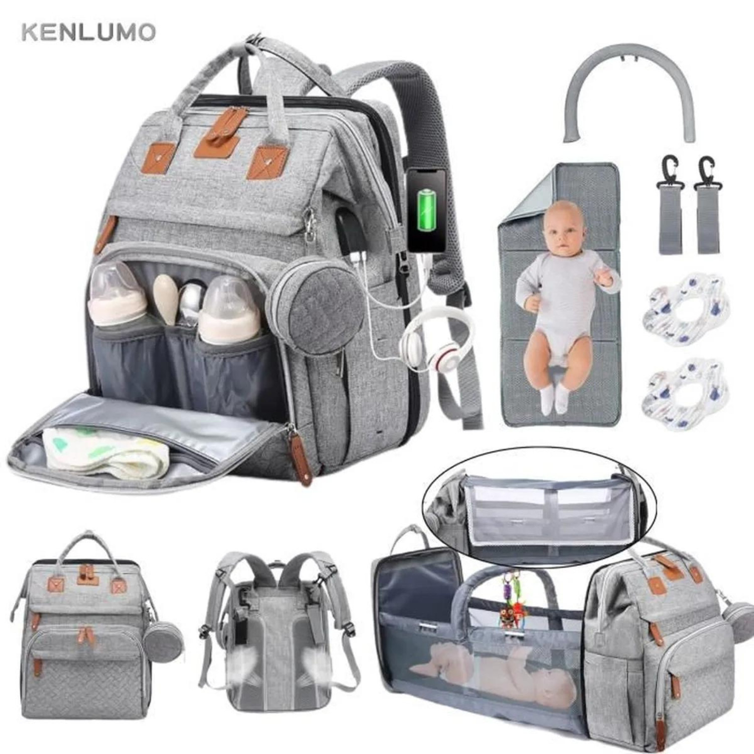Sac à dos à langer imperméable avec lit de voyage pliable en nylon