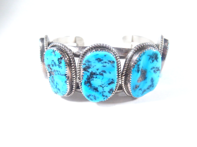 RICKY ORTIZ Navajo Sterling Silver Blue Turquoise HEAVY LARGE Cuff