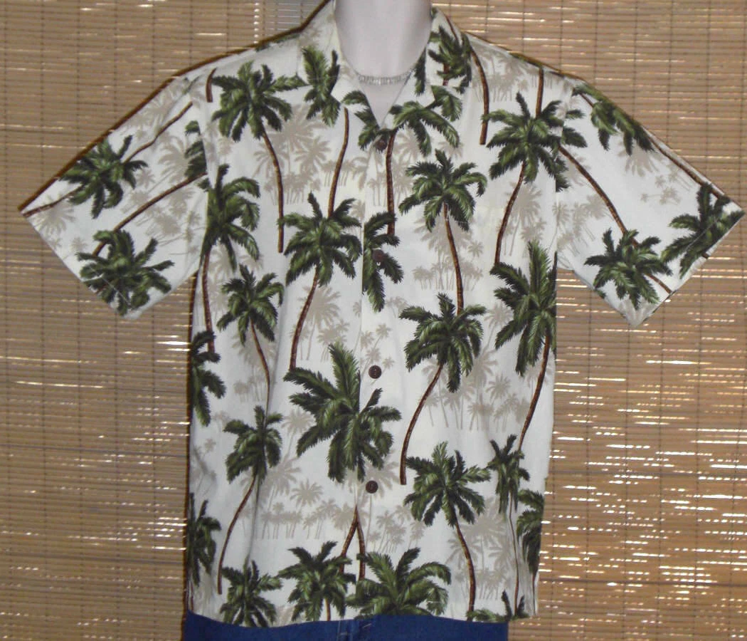Mens Royal Creations Hawaiian Shirt Palm Trees White Green Tan Size Medium
