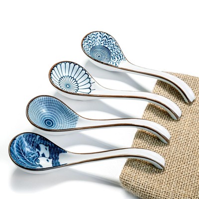 Asian Ceramic Soup Spoon, with Long Handle Easy to Hold, Non-slip Bottom, for...