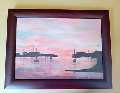 Schönes gerahmtes Ölgemälde Sonnenuntergang walisischer Hafen am Meer von Brenda Hollis
