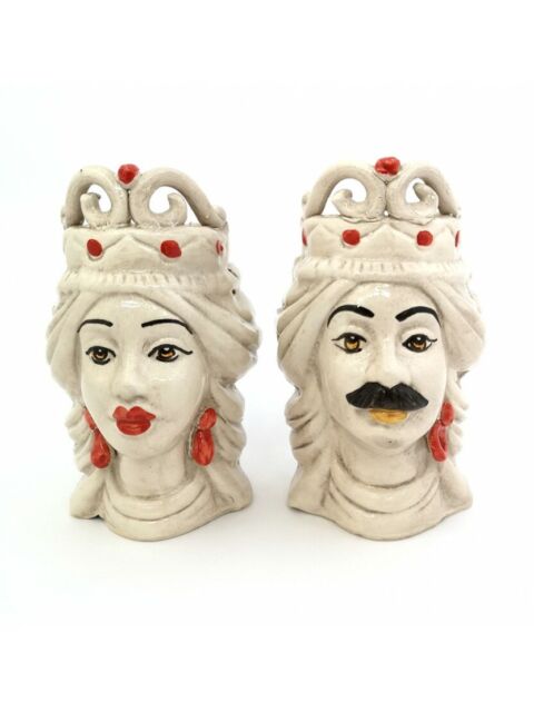 Coppia teste di moro re e regina rossa in ceramica siciliana di Caltagirone 15cm