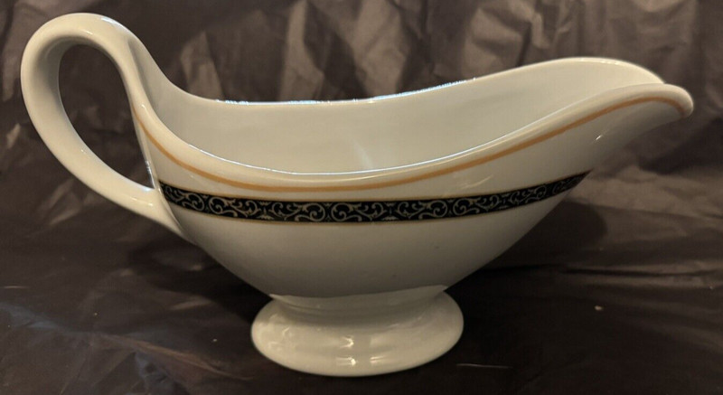Vintage Shenango China Restaurant Ware Gravy Boat Blue w Gold Lattice Trim Retro