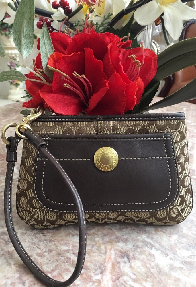 Coach Signature Beige Brown Canvas Leather Trim Medium Wristlet EUC