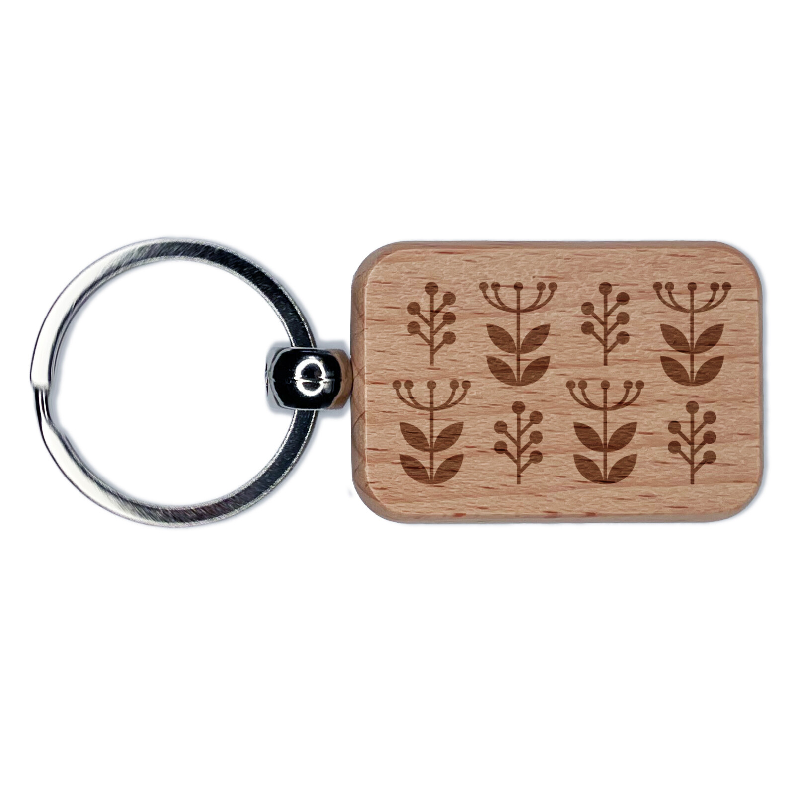 Scandinavian Engraved Wooden Rectangle Keychain Charm with Plant Design  