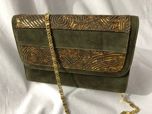 Maxine Clutch Bag Megalithic Celtic Style Art Embossed Leather Suede Italian NEW - Picture 8 of 12
