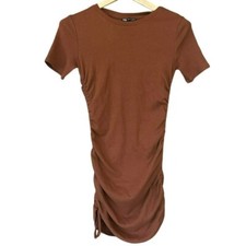 Zara Brown Ruched Drawstring Side Short Sleeve Bodycon Dress Womens L