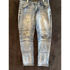 RAWX Distressed Denim Biker Jeans Ripped Knee Skinny Light Wash 32x30