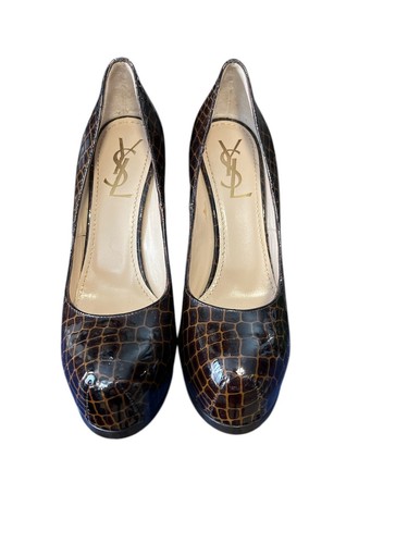 YSL Yves Saint Laurent Brown Patent Tribtoo Platform Pumps Womens Size 37.5 - Picture 4 of 7