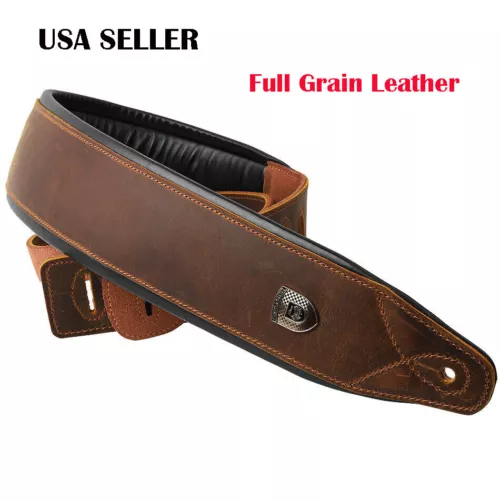 Microseven Padded Genuine Leather Brown Guitar Bass Belt Strap 3.25" W,43"~55" L