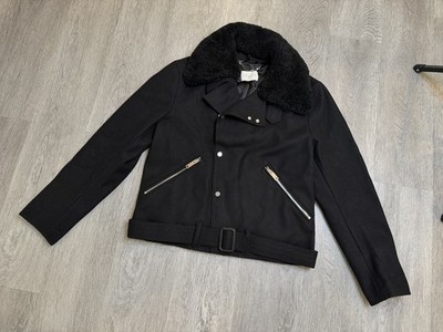 Sandro XL Black Shearling Aviator Jacket Sheepskin Collar Acne Mr Sheep Bomber