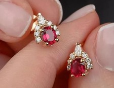 14k Yellow Gold Plated In 2.20Ct Oval Cut Simulated Red Ruby Fancy Stud Earring