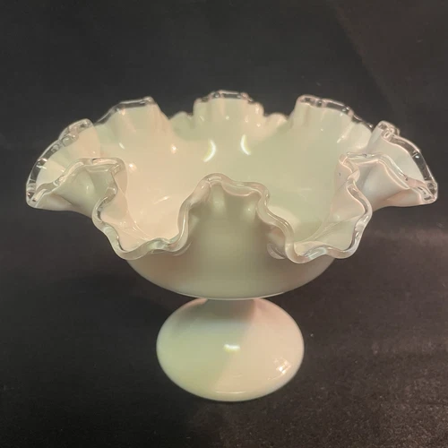 VTG Fenton Silver Crest Milk Glass Compote Candy Pedestal Bowl Ruffled Edge 7”