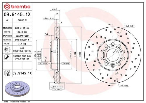 2x BREMBO Bremsscheibe XTRA LINE - Xtra 09.9145.1X für VW AUDI GOLF SKODA SEAT 7 - Bild 2 von 7