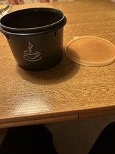 ältere Tupperware Kaffeedose, schwarz mit Motiv