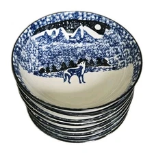 Folk Craft Wolf by Tienshan Stoneware 6 1/2" Coup Cereal Bowl Lot Of 8 Vintage