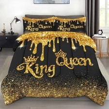 Comforter Set Size Queen Black Gold 3 Pcs Soft Bedding for Kids King Gold Crown