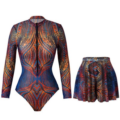 Long Sleeve Shorts Bikini Set Cover Up Printed Women Beach Swimwear Summer