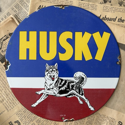#ad VINTAGE 1959 HUSKY MOTOR OIL GASOLINE 12 INCH PORCELAIN ENAMEL SIGN $108.46