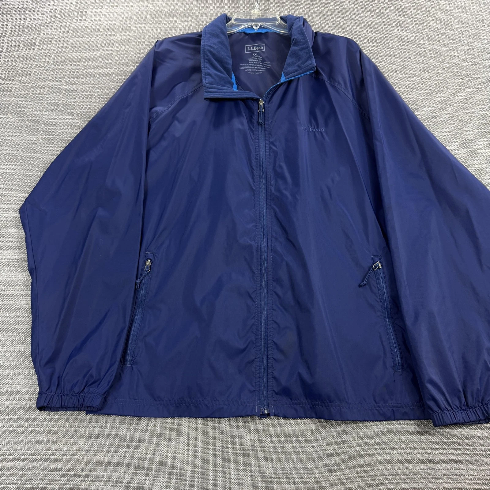 LL Bean Jacket Mens 2XL Blue Nylon Packable Hooded Full Zip Windbreaker