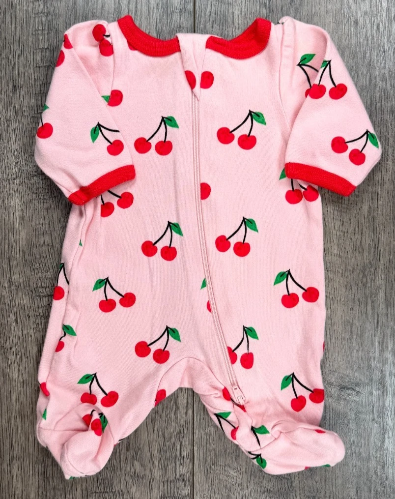 Baby Girl Clothes Wonder Nation Preemie Pink Red Cherries Footed Outfit