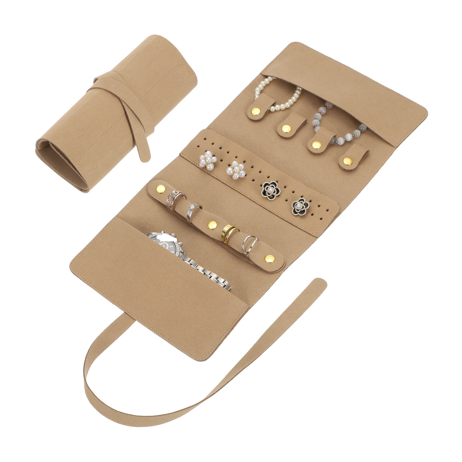 Foldable Khaki Travel Jewelry Organizer Roll with Tie