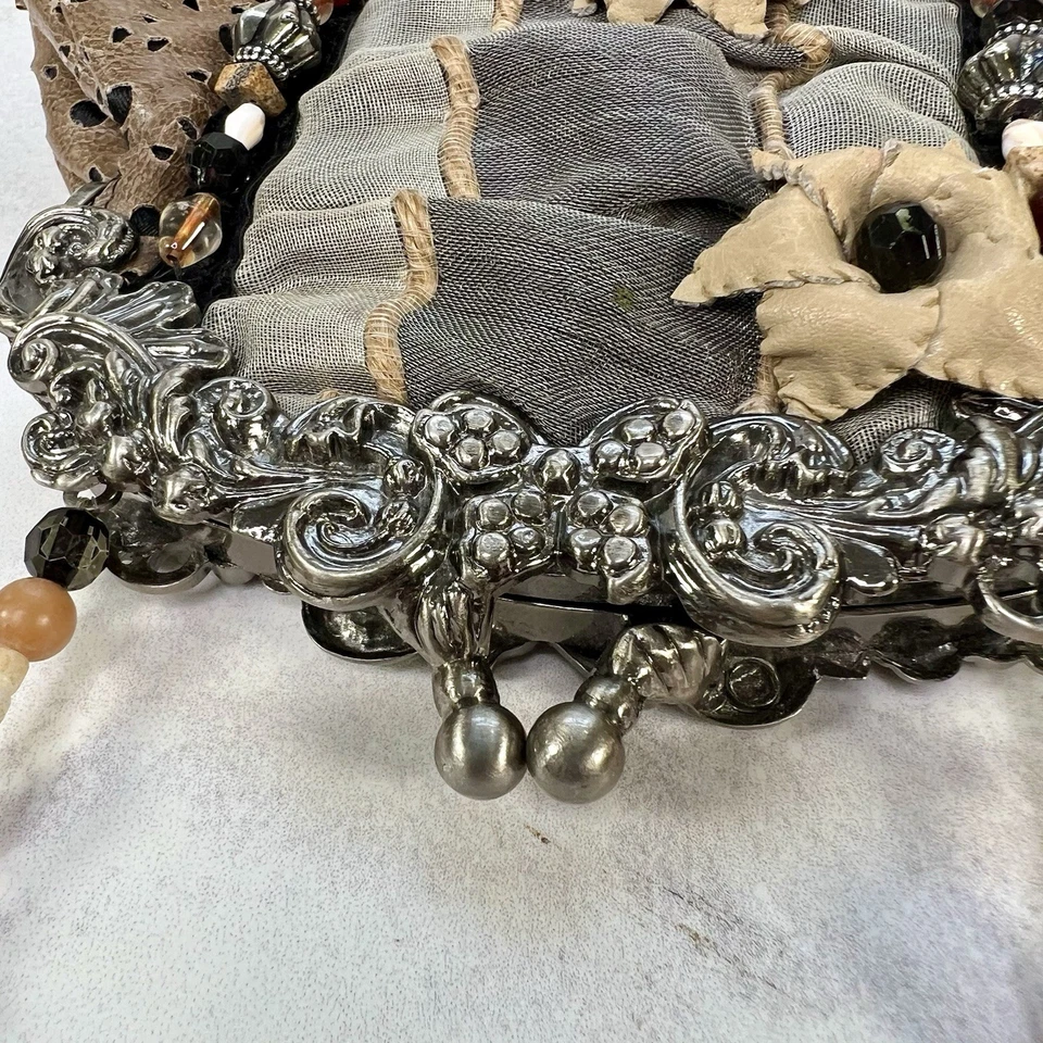 Mary Frances Beaded Flower Butterfly Purse Satin Leather Brown Gray Evening Bag - Image 4 of 4