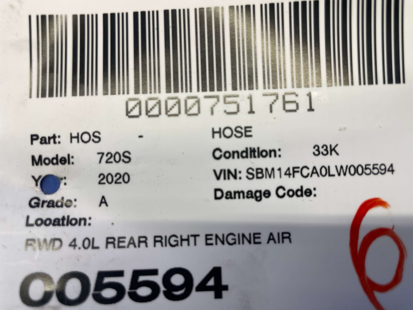 2018-2023 MCLAREN 720S RWD 4.0L REAR RIGHT ENGINE AIR PUMP HOSE TUBE 14F0189CP