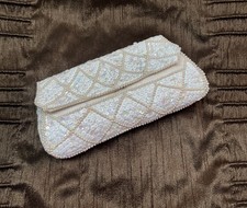 Sequined Evening Bag, Faux pearls And Sequin Ivory Clutch Bag With Snap Closure