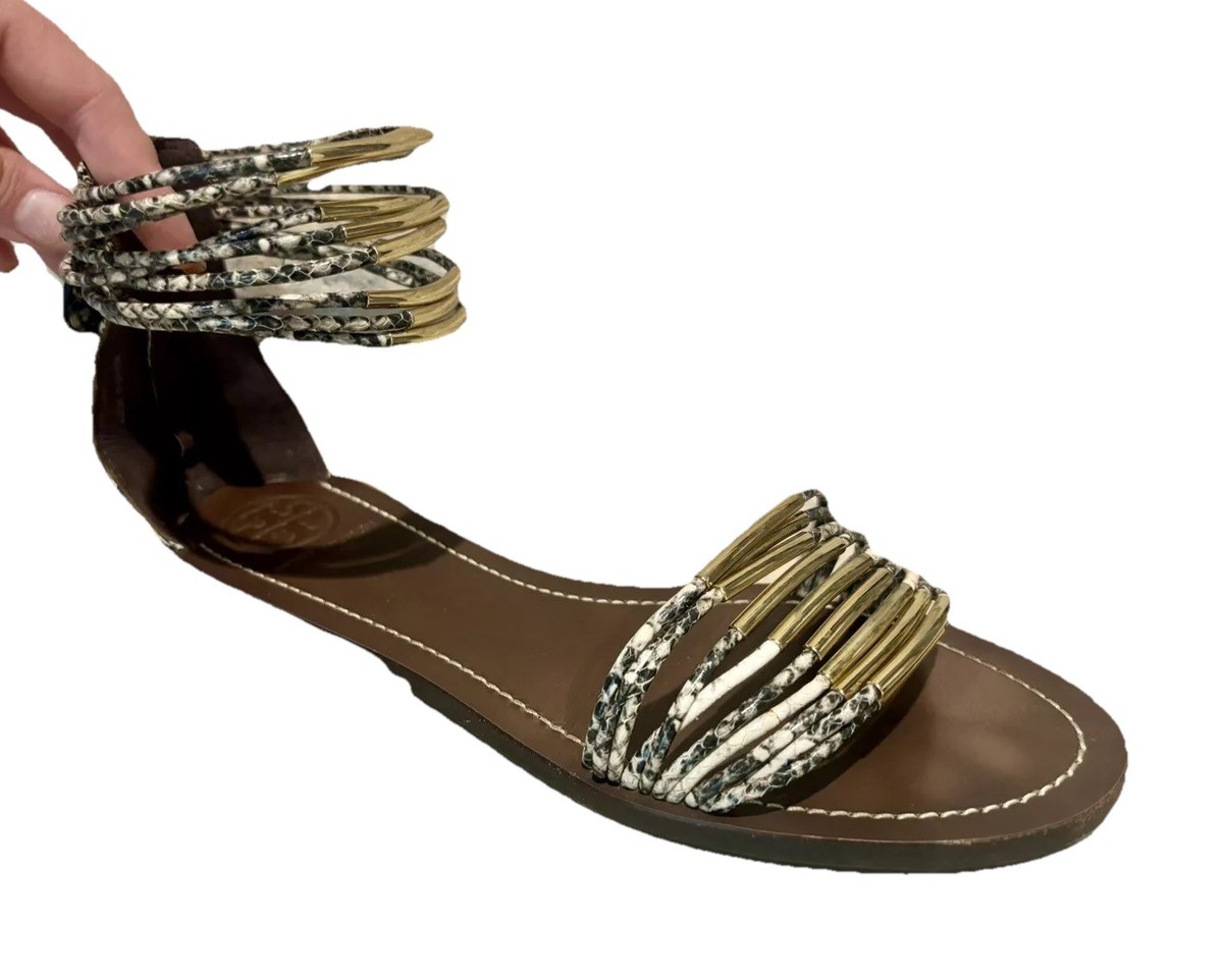 Tory Burch Mignon Rings Gold And Snakeskin Leather Sandals