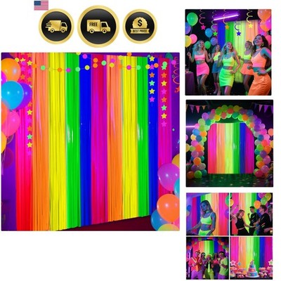 4 Packs Glow in the Dark Foil Fringe Curtain, Macaron Rainbow Blacklight Reac...