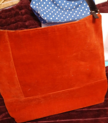 Red Corduroy Shoulder Bag Brown Leather Strap Women Zipper Inner Pockets Casual