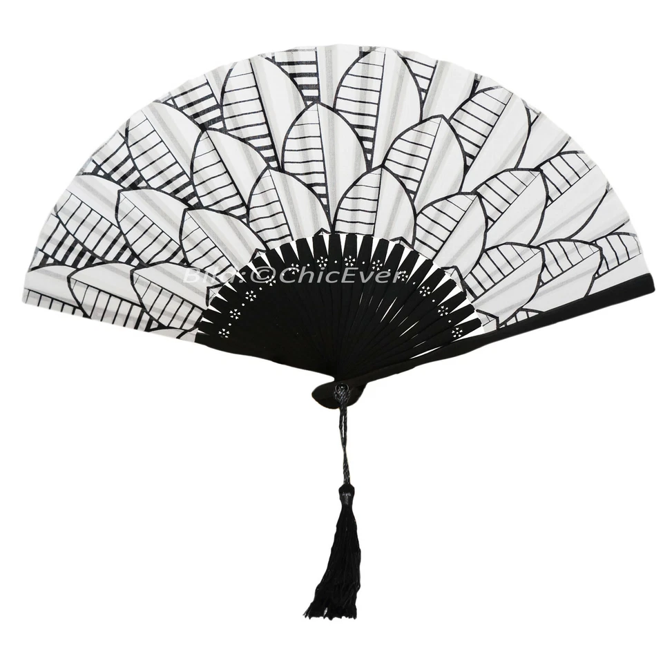 MARKENLOS Fächer Handfächer Bambus Holz Stoff Handarbeit schwarz weiss 7295a