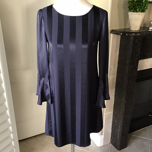Cremieux Dress Women’s XS Navy Blue Selina Satin Stripe Tulip Sleeve Soft NEW - Picture 6 of 12