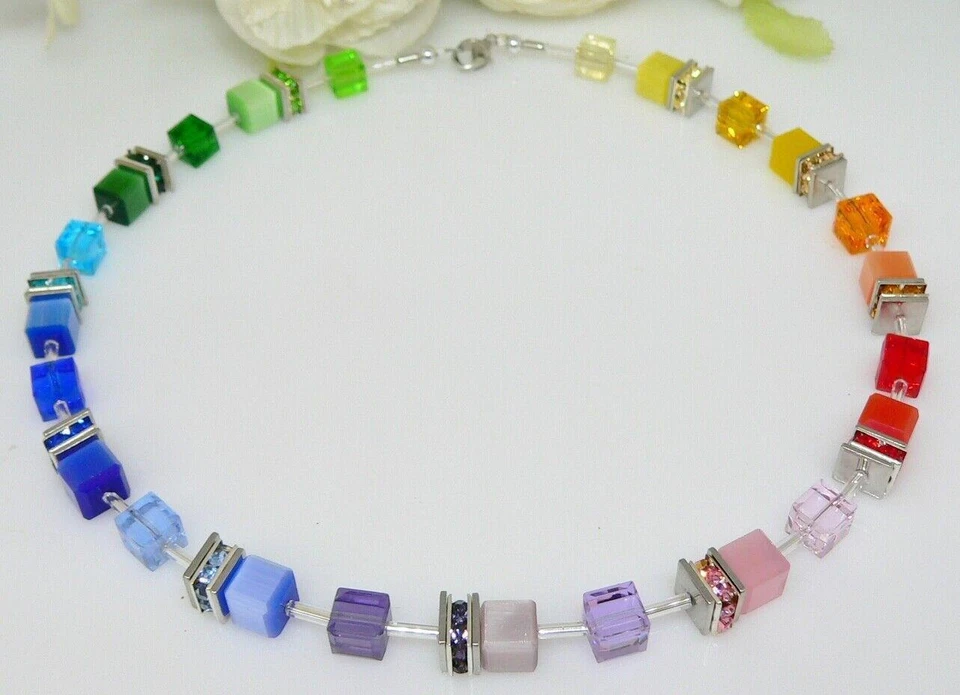 Halskette Würfelkette 8mm Cube Cat Eye Kristallglas mehrfarbig bunt Strass 511a - Bild 3 von 4