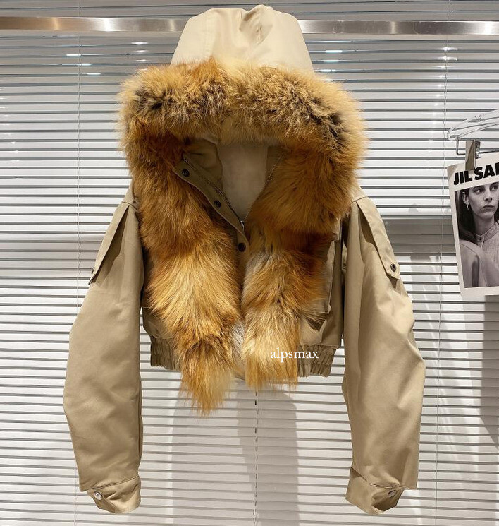 Real Fur Jackets Women's Detachable Fox Fur Collar Coat Crop Parka Biker Ladies