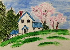 ACEO Mini **Art Print** Old White Farm House & Blooming Cherry by Saulite