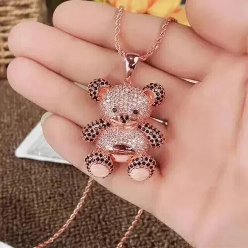 14K Rose Gold Plated 2.50Ct Round Cut Real Moissanite Teddy Bear Cartoon Pendant - Picture 1 of 8