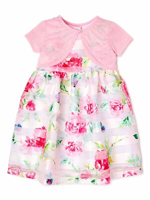 Wonder Nation Toddler Girls Floral Stripe Dress w/Shrug Spring Sz 12 Months New
