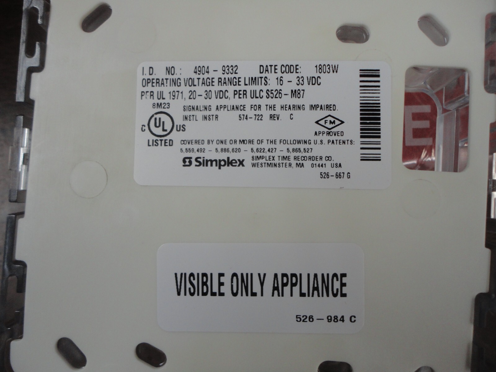 "LOT of TWO" - "BRAND NEW" - SIMPLEX FIRE ALARM #4904-9332 Addressable Strobe