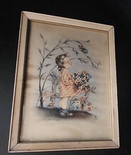 Vtg Marion Bradford Burgess Framed Print Girl In Garden Butterfly Picket Fence