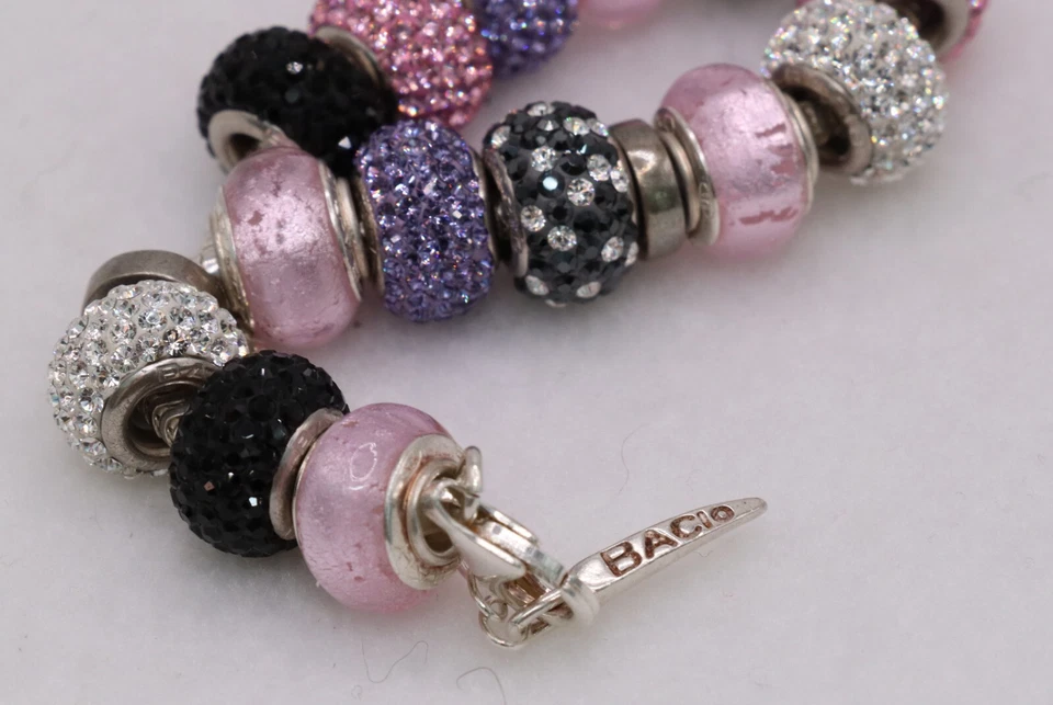 Carlo Biagi 14 Asst Sterling Silver Charm Bead Pink Purple Black Bracelet 8" - Image 4 of 4