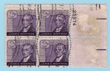 US Sc #1105 Used 1958 Plate block of 4 JAMES MONROE.