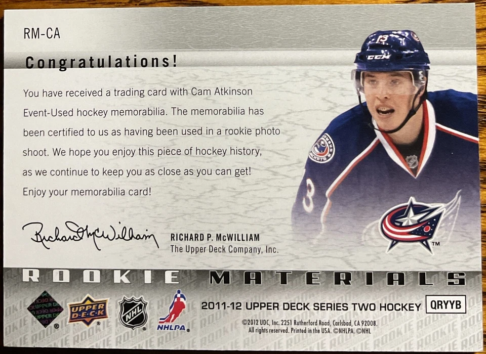 2011-12 Upper Deck Rookie Materials Cam Atkinson #RM-CA Columbus Blue Jackets - Image 2 of 2