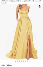 women’s spaghetti strap satin long prom dress with pockets yellow
