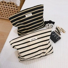 Stripe Makeup Zipper Pouch Soft Fabric Cosmetic Organizer Travel Zipper Pouch