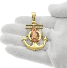 Lady Guadalupe Virgin Mary Anchor Pendant Charm 10k Yellow Rose Gold 2.4 inch
